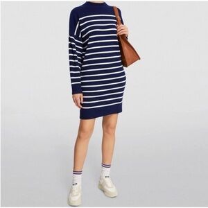 Polo Ralph Lauren Navy Striped Merino Wool Sweater Dress Sz L
